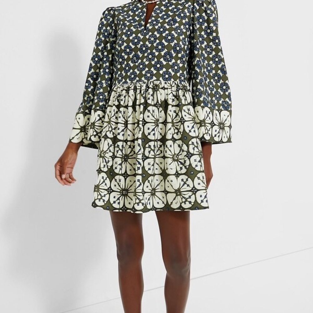 Tuckernuck Green and White Ruffled A-line Dress with Long Bishop Sleeves